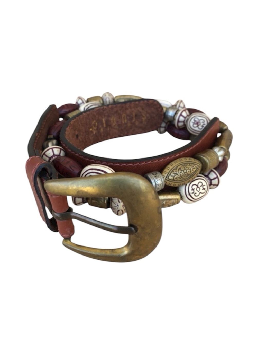 Vintage New York Studio Made Korea Leather Belt with Brown & Brass Metal Beads S